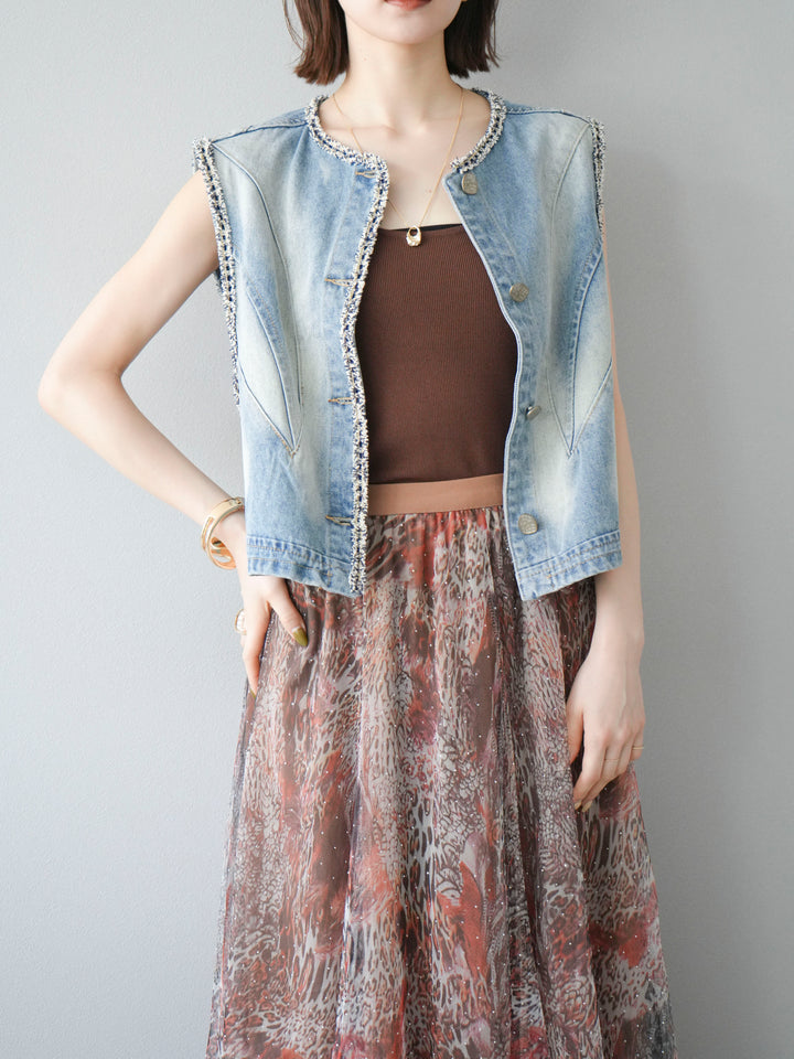 [予約]ツイードデザインデニムベスト/ライトブルー