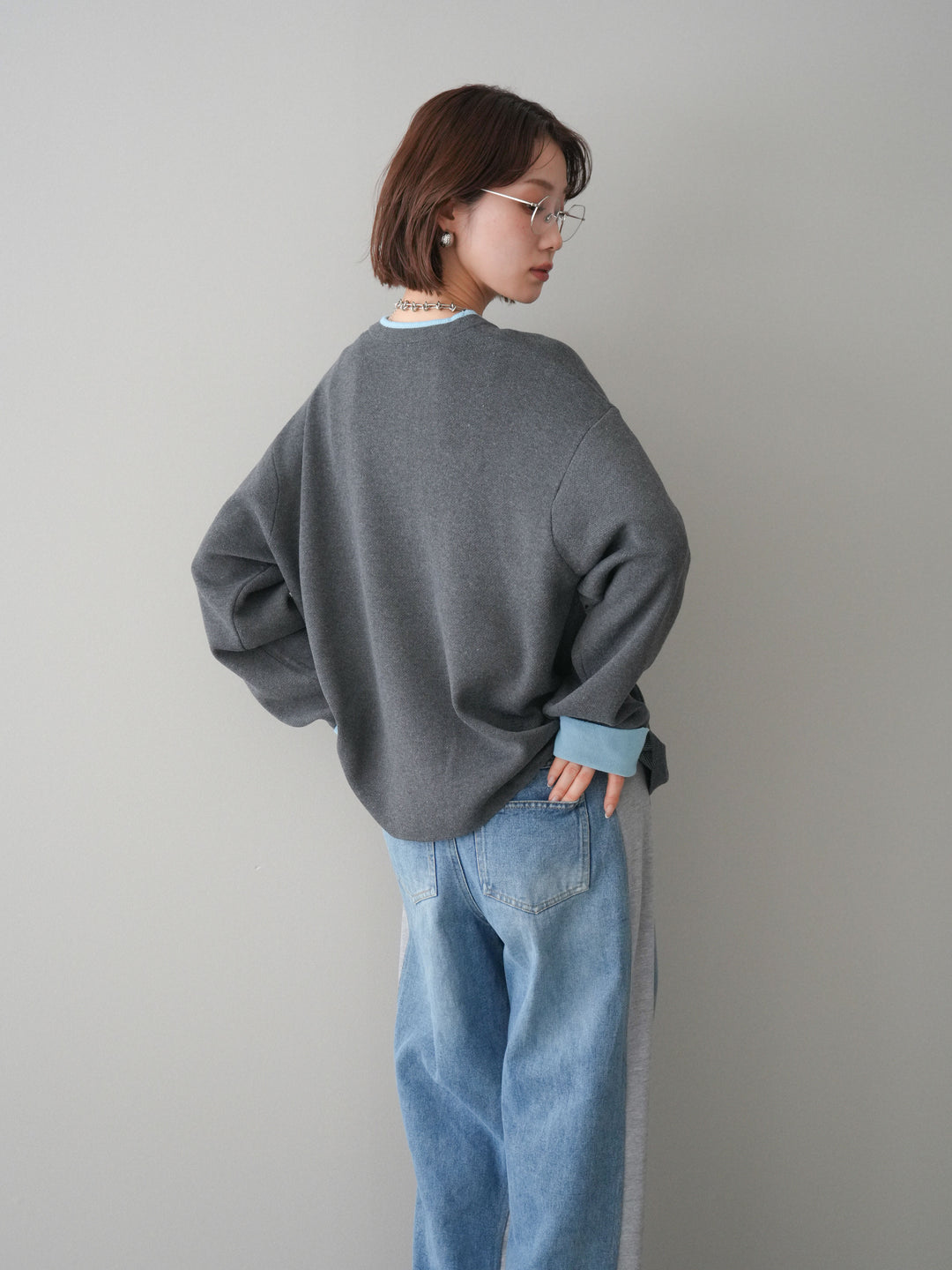 [SET]バイカラーオーバーニットカーディガン+デニム切替スウェットパンツ(2set)