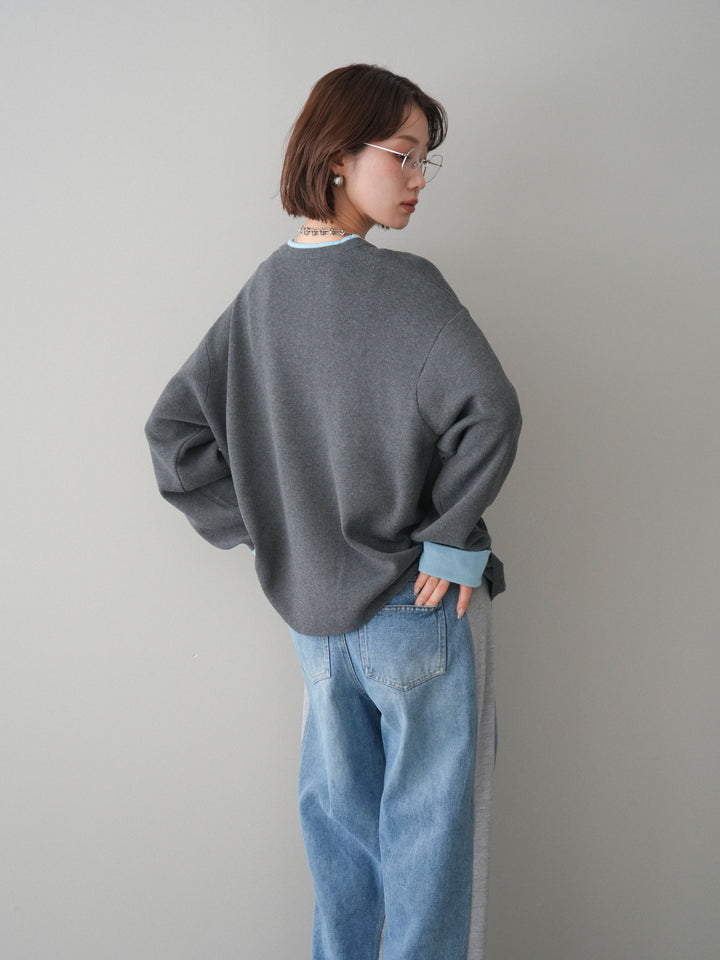 [SET]バイカラーオーバーニットカーディガン+デニム切替スウェットパンツ(2set)