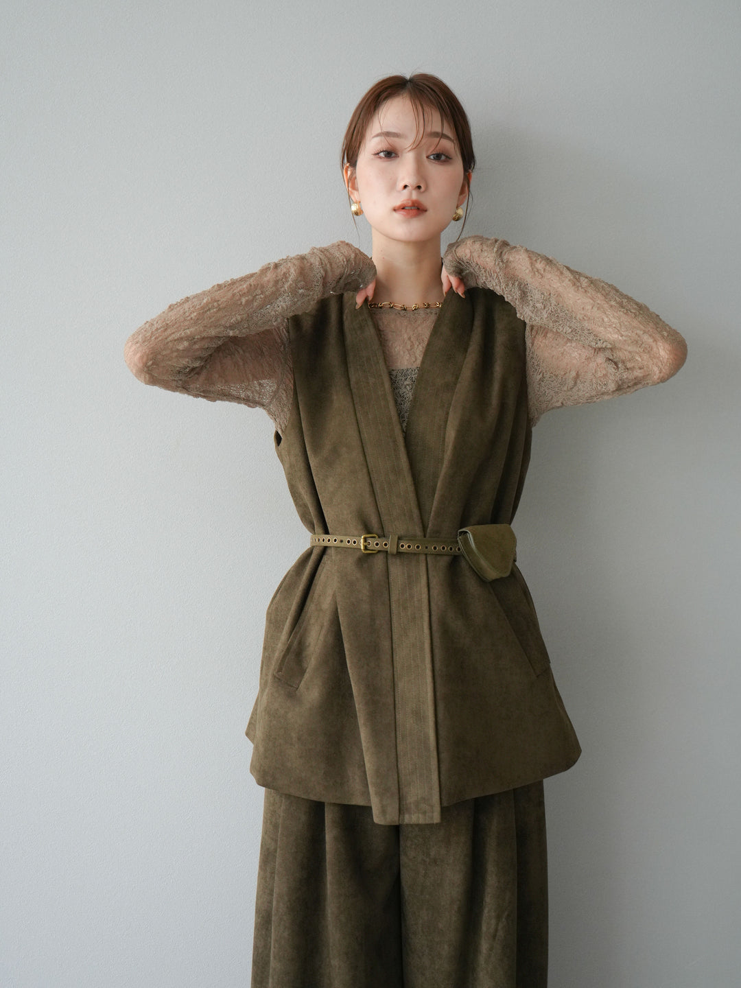 [SET]ポーチベルト付スウェードジレ×パンツSET UP(2set)