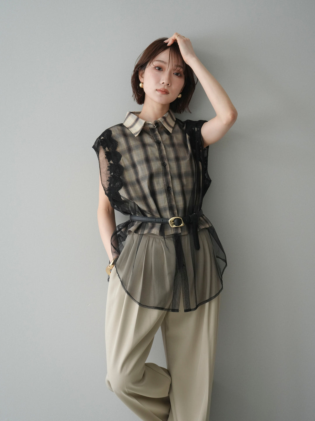 [予約]チュールドッキングチェックノースリブラウス/beige