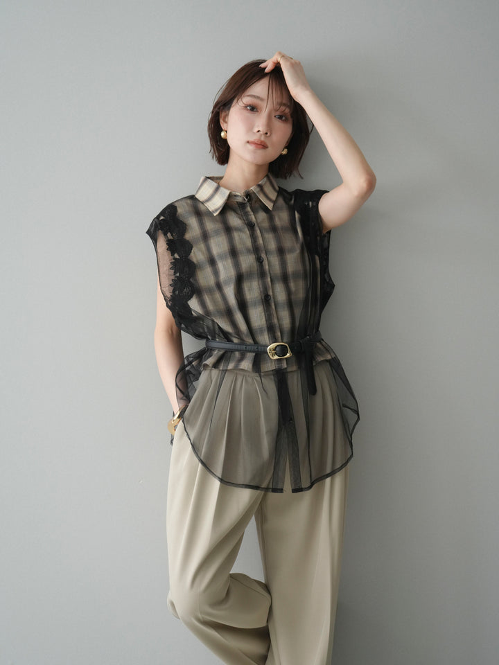 [予約]チュールドッキングチェックノースリブラウス/beige