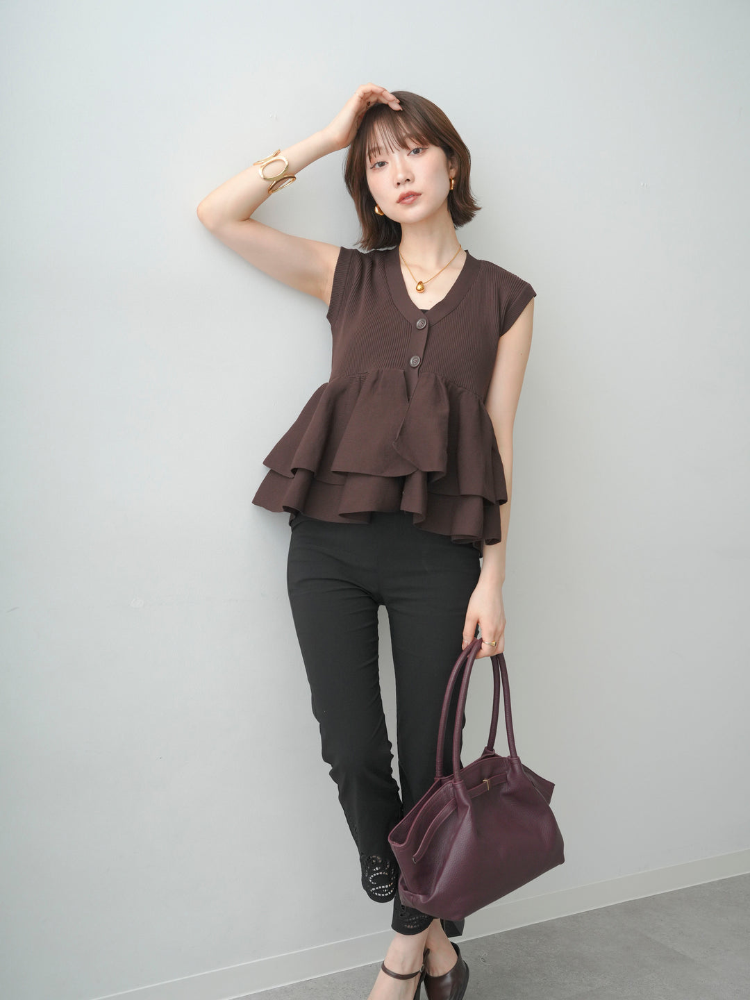 [予約]ダブルフリルペプラムノースリニットトップス/brown
