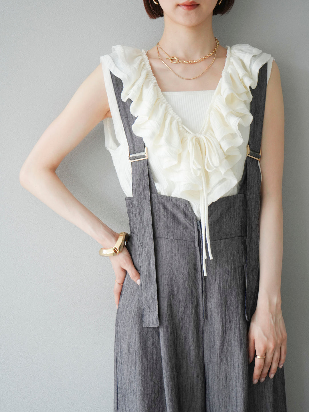 [予約]ワッシャーラッフルノースリーブブラウス/アイボリー