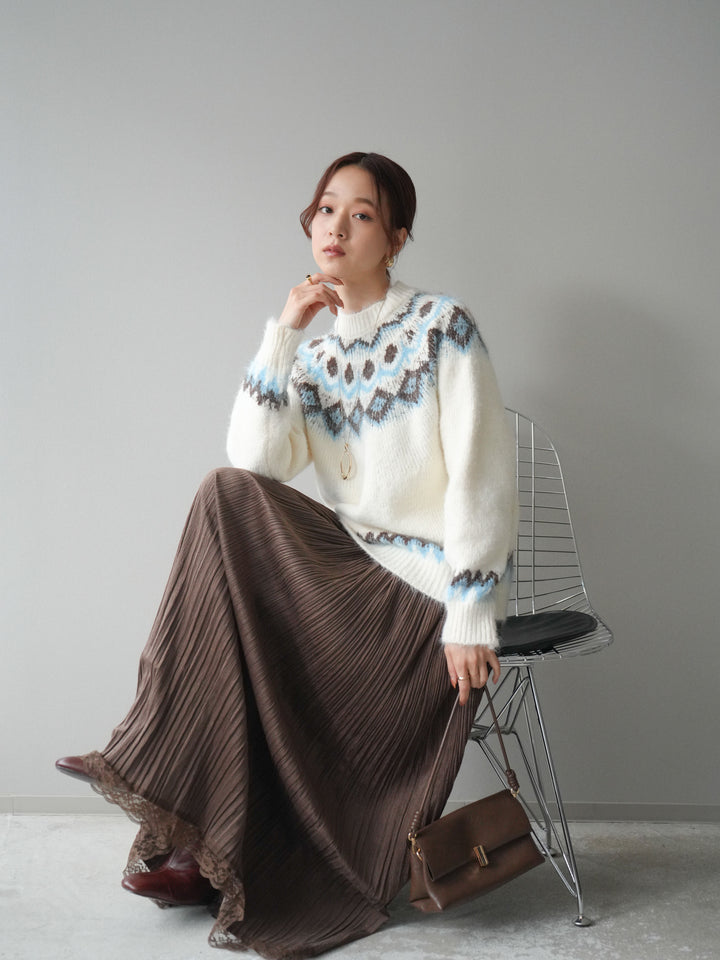 [SET]ソフトタッチ求心柄ニットプルオーバー+裾レーススウェードプリーツマキシスカート(2set)
