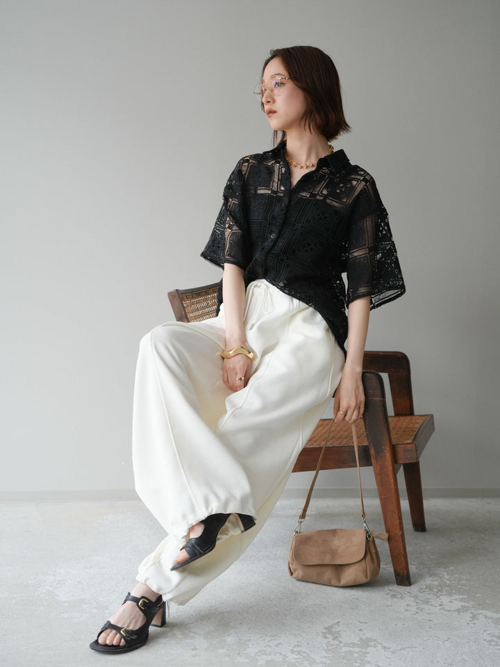 【套裝】方領蕾絲半袖襯衫+內置胸罩羅紋抹胸吊帶背心（兩件套）