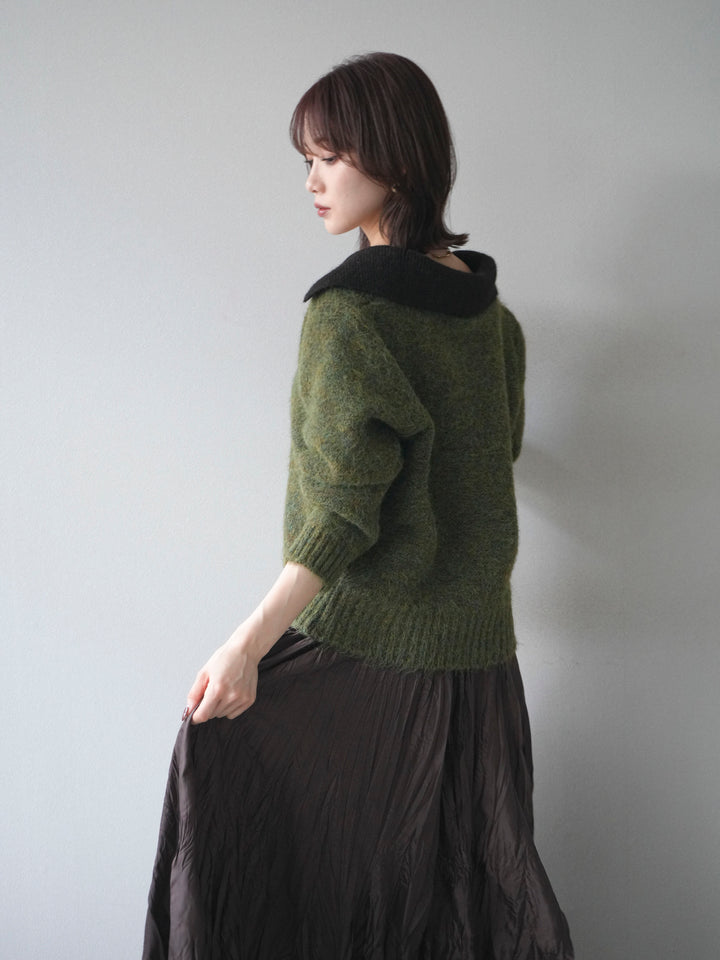 [予約]バイカラー襟付きニットプルオーバー/green