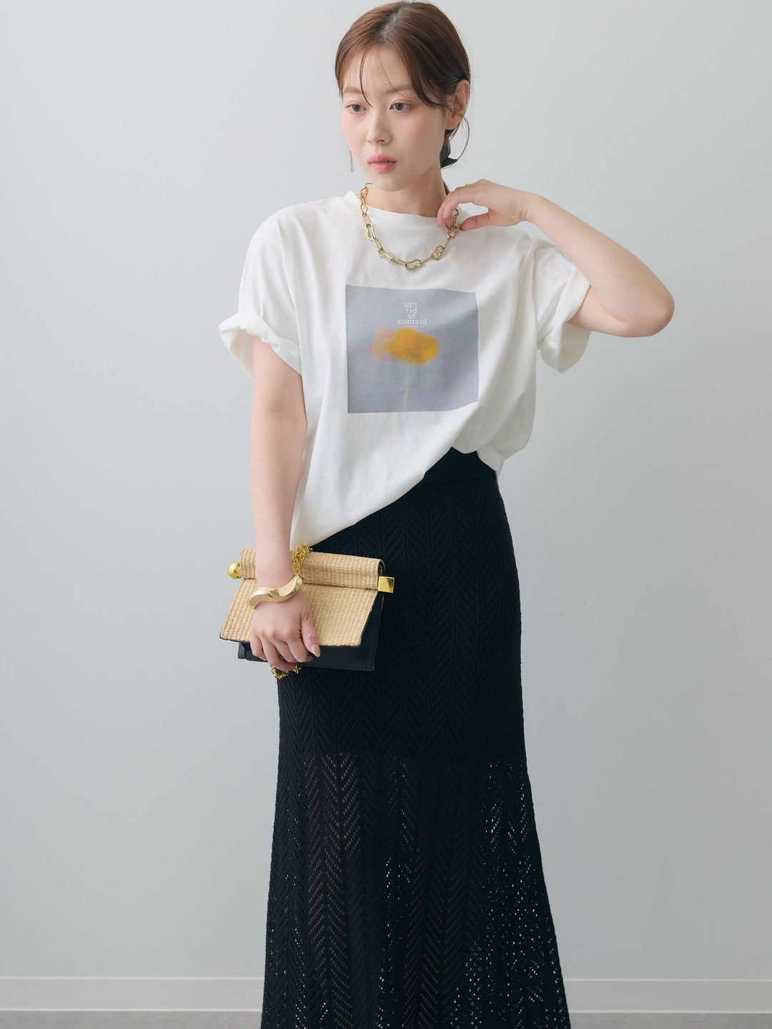 [SET]ニュアンスフローラルフォトTEE+クロシェシアーセミフレアスカート(2set)
