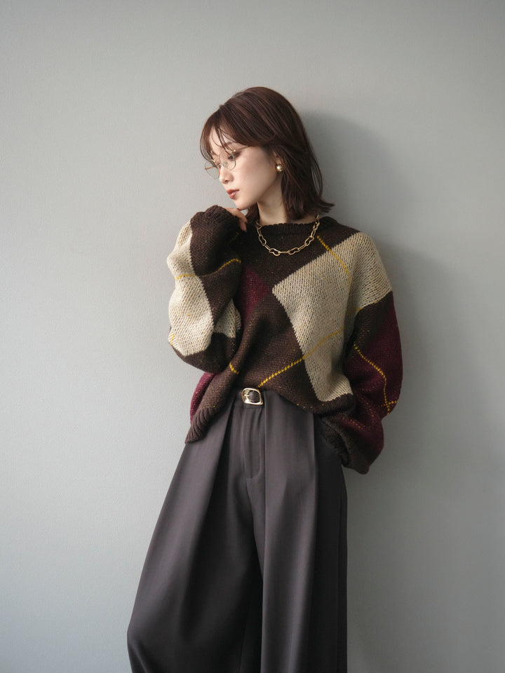 [予約]配色ステッチアーガイル柄ニットプルオーバー/brown