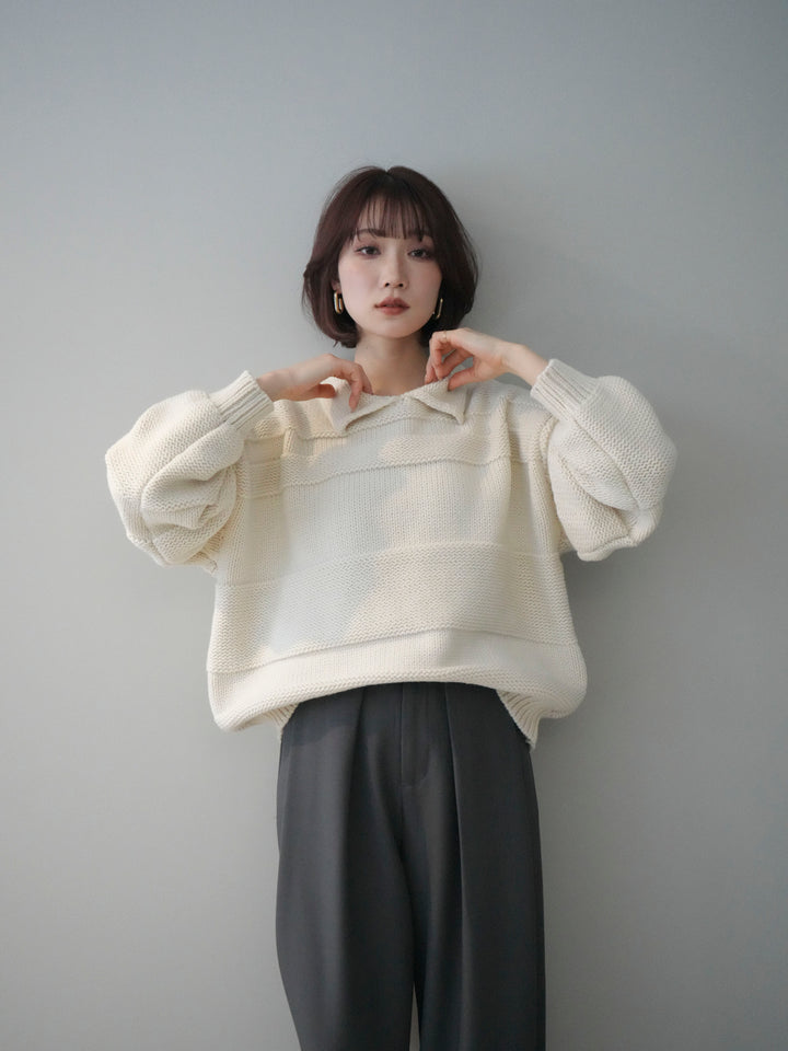 [SET]襟付きボーダー編みニットプルオーバー+選べるアクセセット(2set)