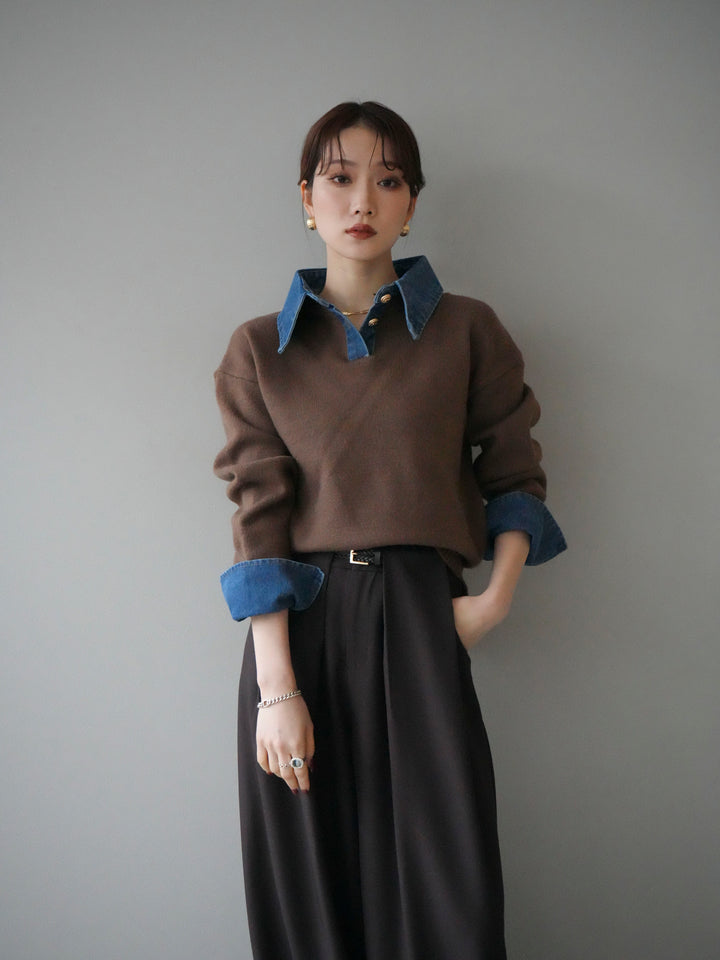 [SET]デニム襟ポロニットプルオーバー+デニム襟ポロニットプルオーバー(2set)