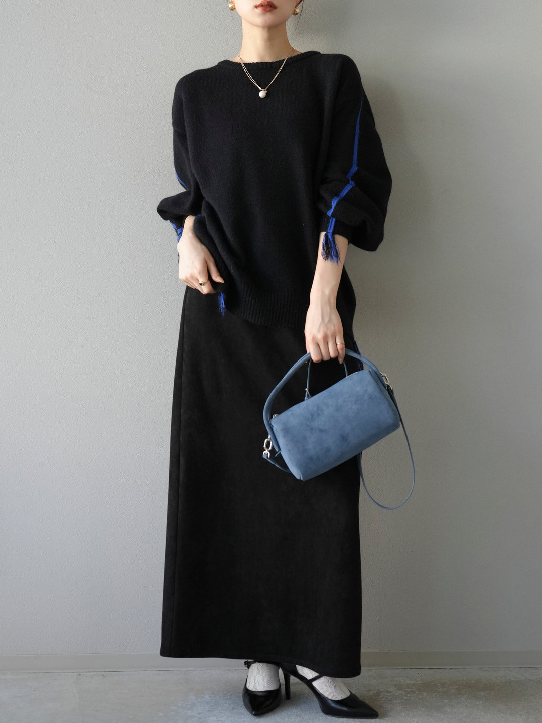 [予約]配色ステッチフリンジニットプルオーバー /ブラック