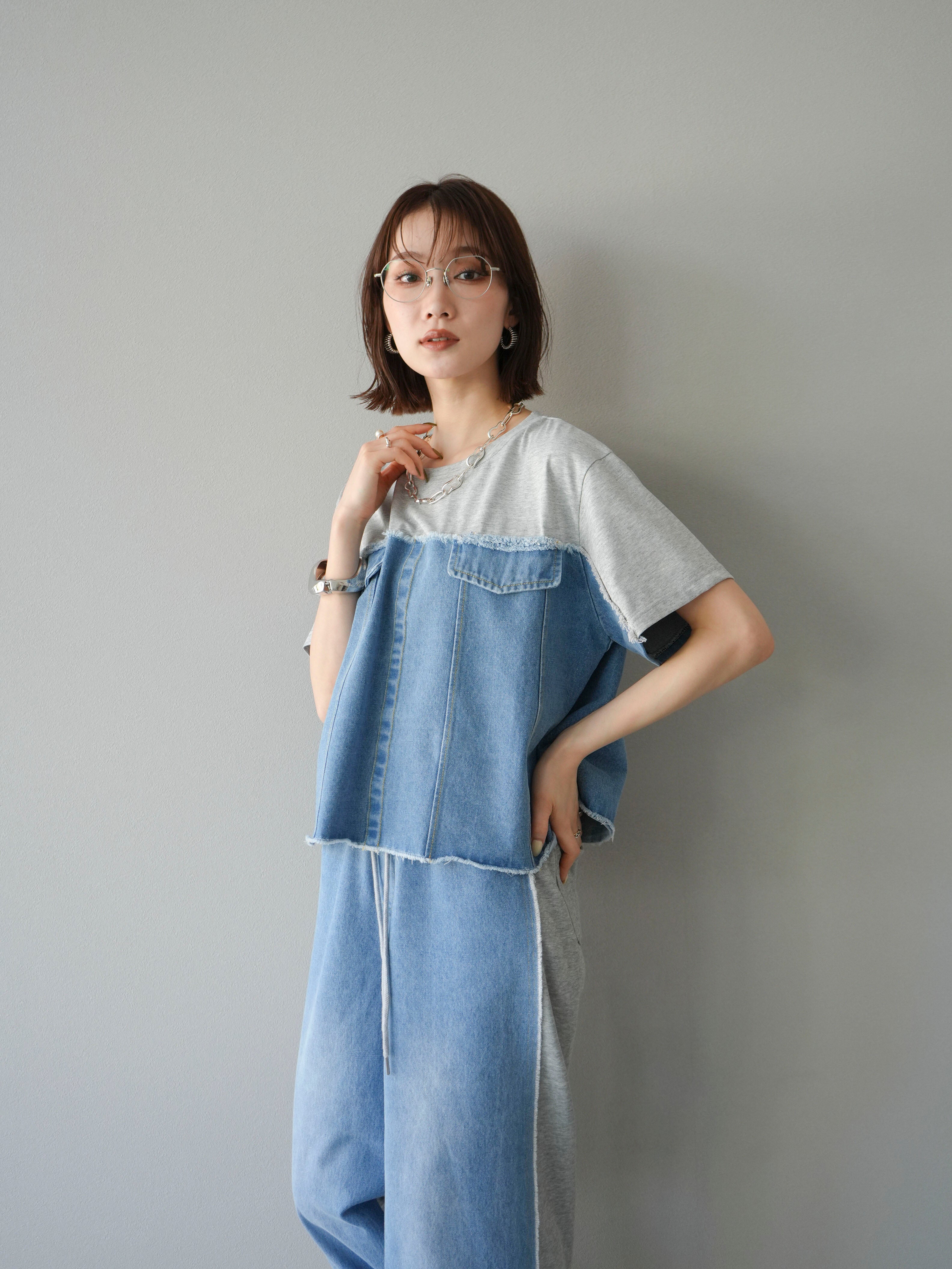 SET]デニムドッキングTシャツ+デニムドッキングスウェットパンツ(2set