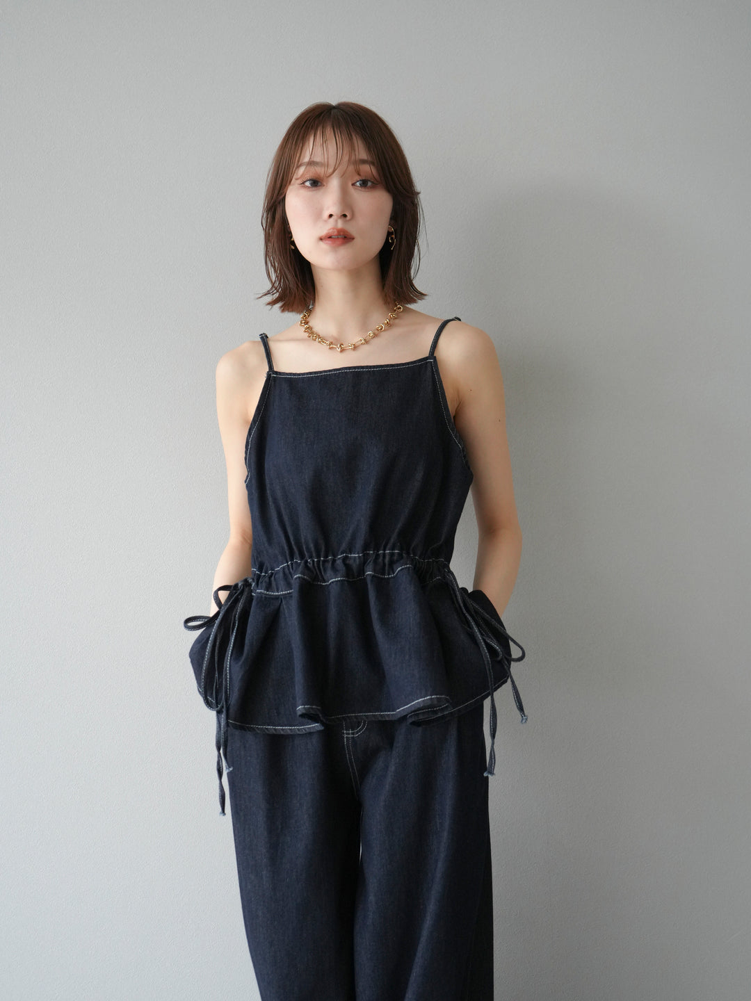 [SET]デニムタックフレアキャミソール＆イージーワイドパンツSET UP(2set)