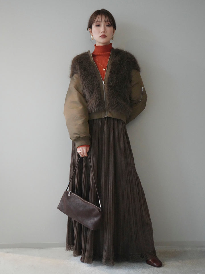 [SET]ファードッキングMA-1+袖ボタンボトルネックリブニットトップス+裾レーススウェードプリーツマキシスカート(3set)