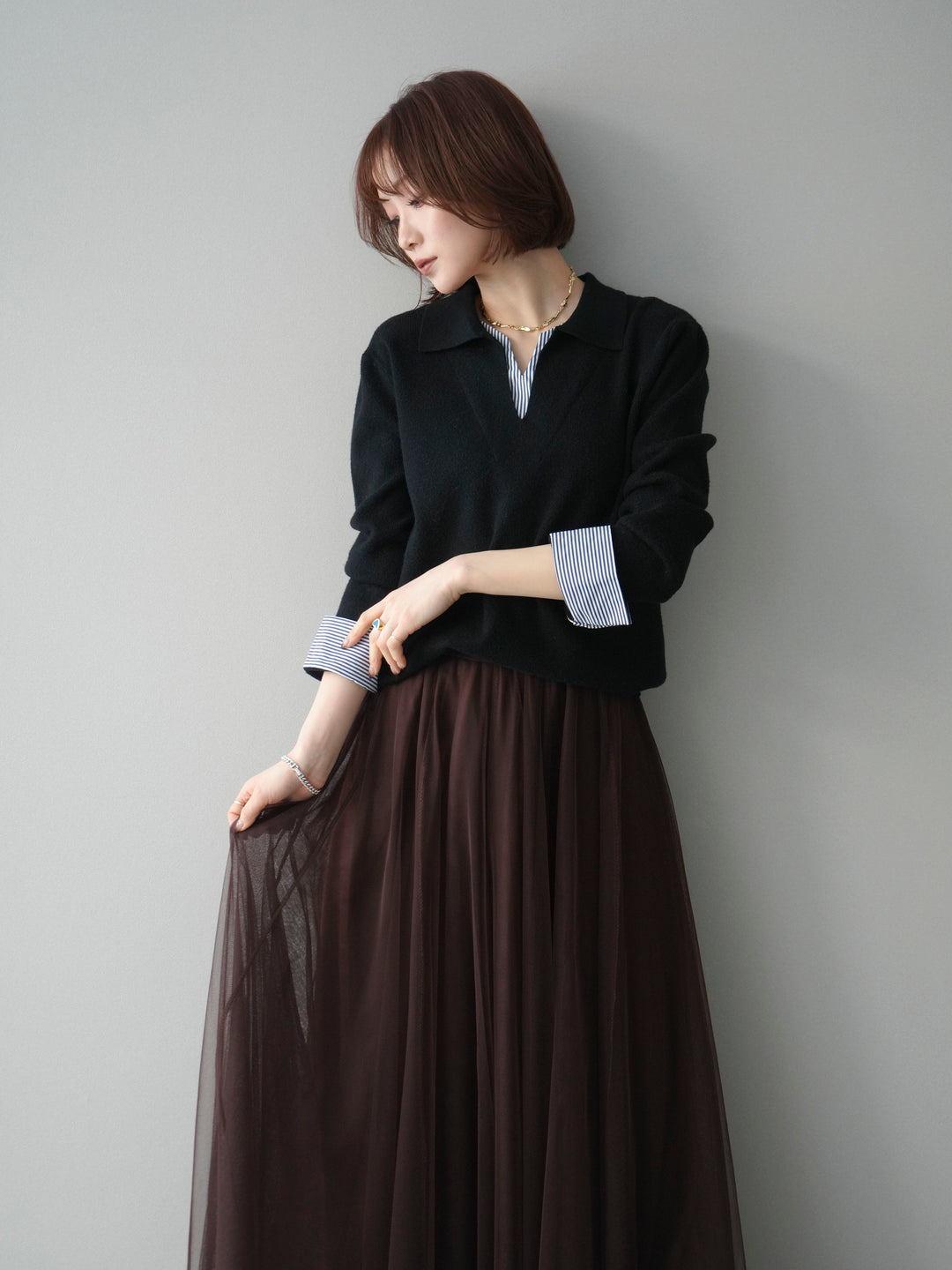 [予約]シャツレイヤードスキッパーニットプルオーバー/black