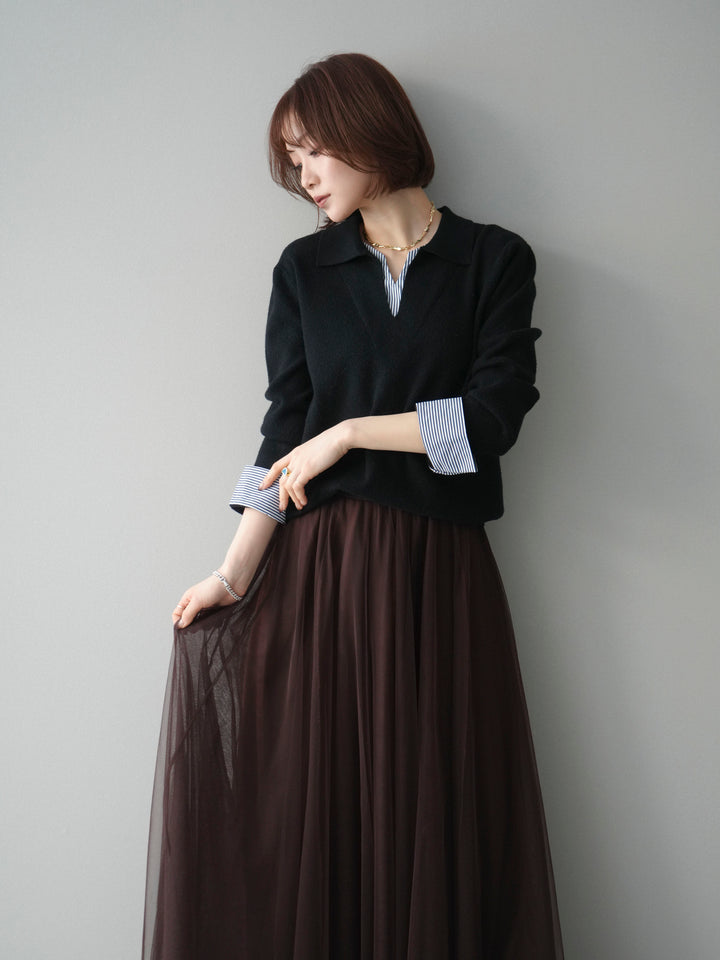 [予約]シャツレイヤードスキッパーニットプルオーバー/black