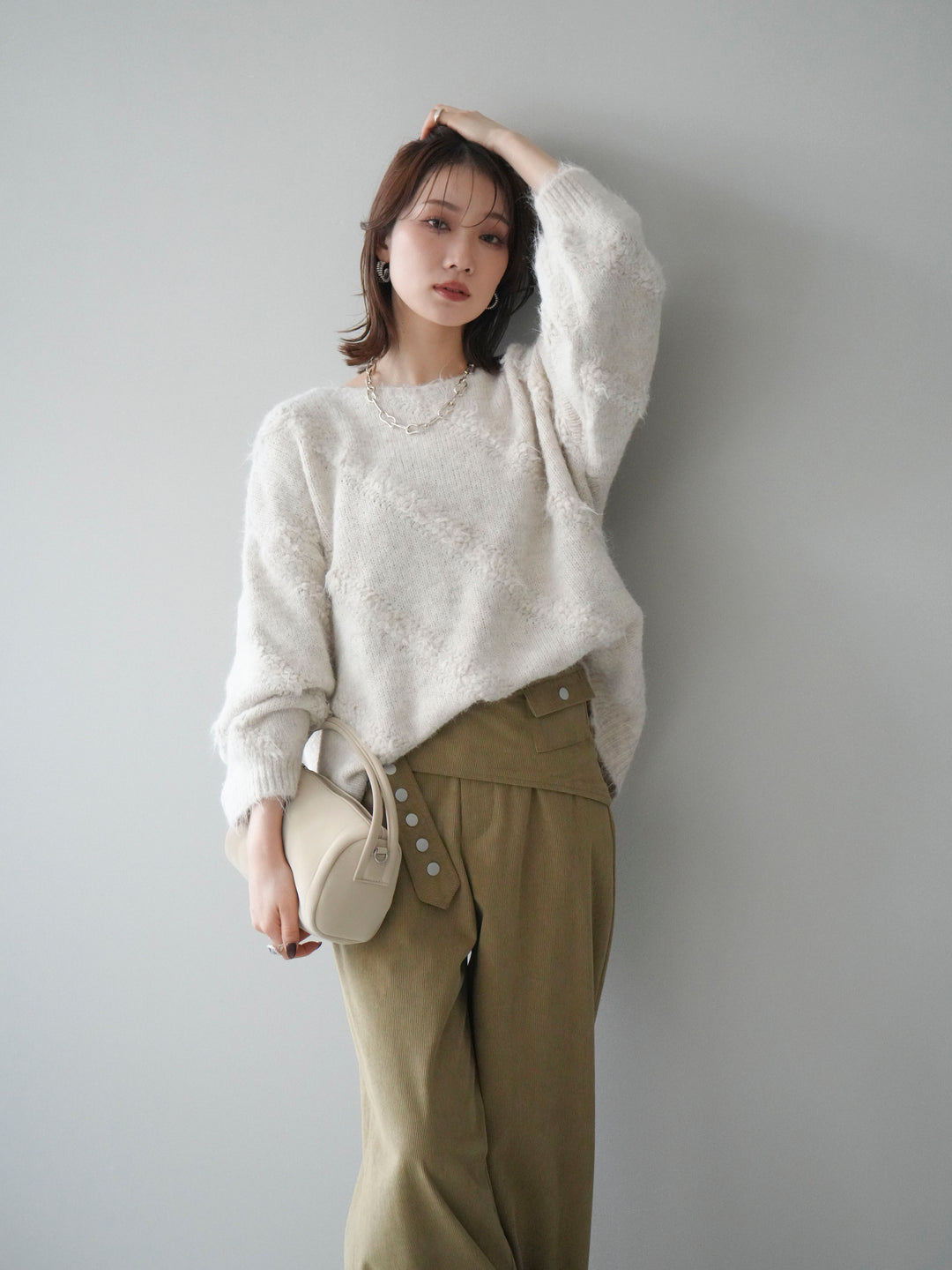 [予約]ブークレラインデザインニットプルオーバー/ivory