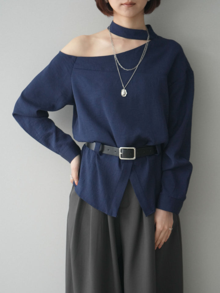 [予約]ベルト付ワンショルダースリットブラウス/blue