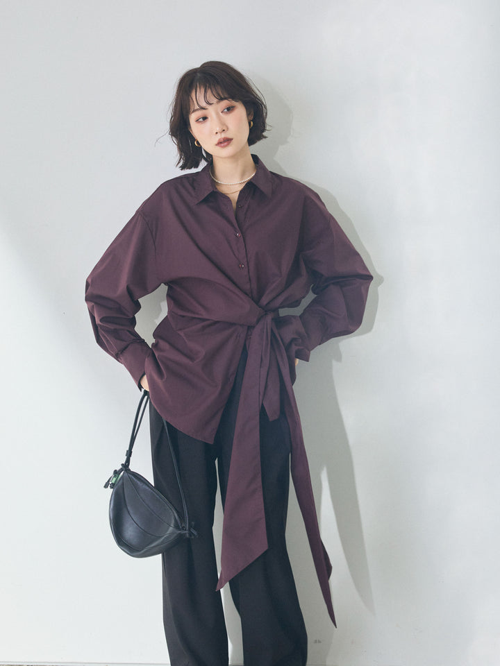 【Allure】[SET]ウエストアシメリボンシャツ+アシンメトリーウエストタックパンツ(2set)