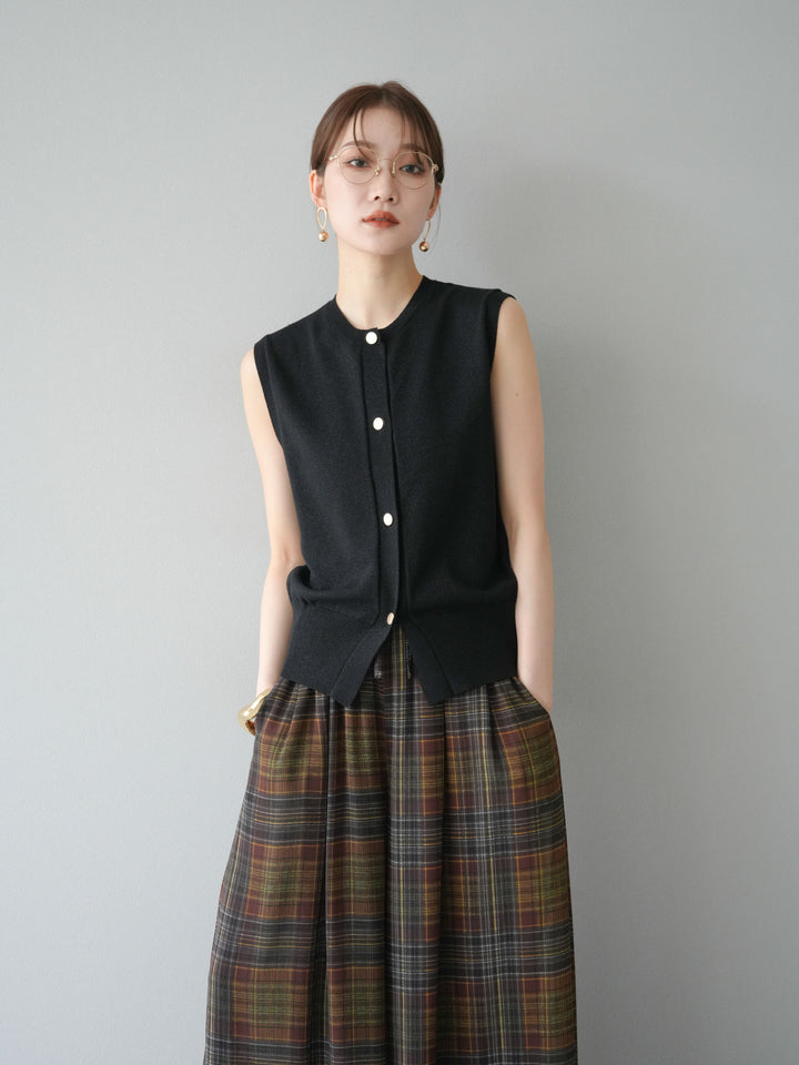 [SET] 金銀絲針織背心 + 透視格紋寬鬆褲 (2 件套)