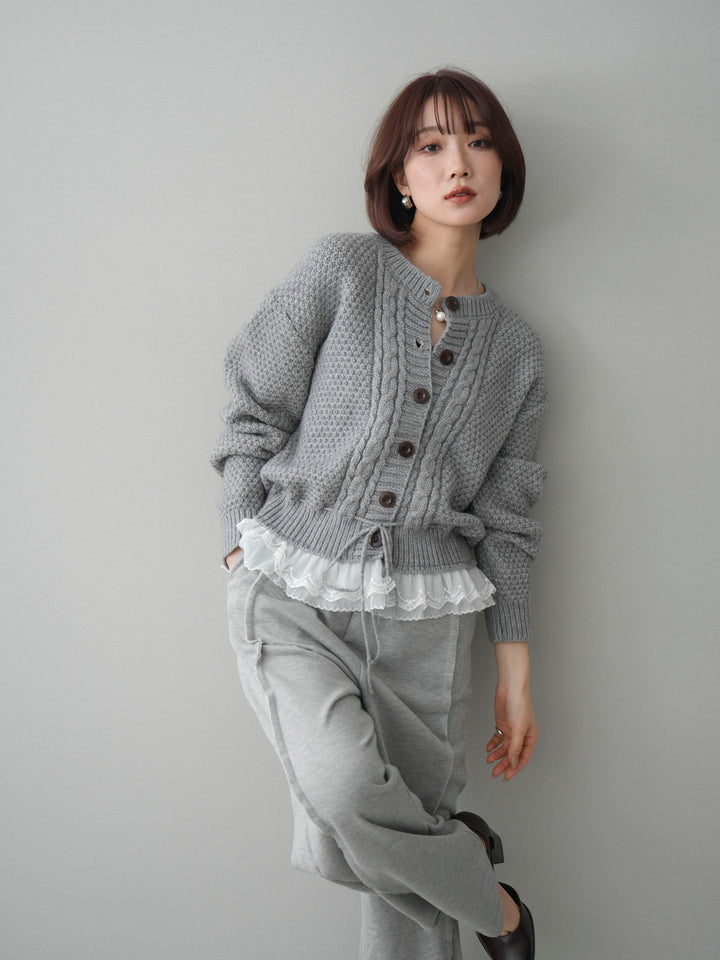 [予約]裾レースケーブルニットカーディガン/gray