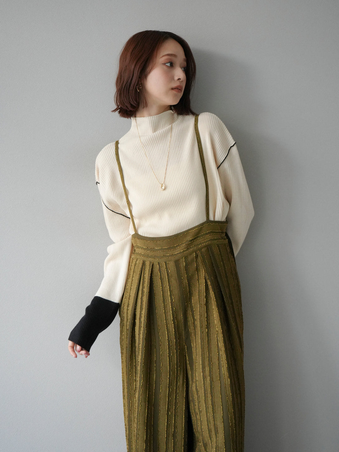 [予約]ジャガードストライプサロペット/カーキ