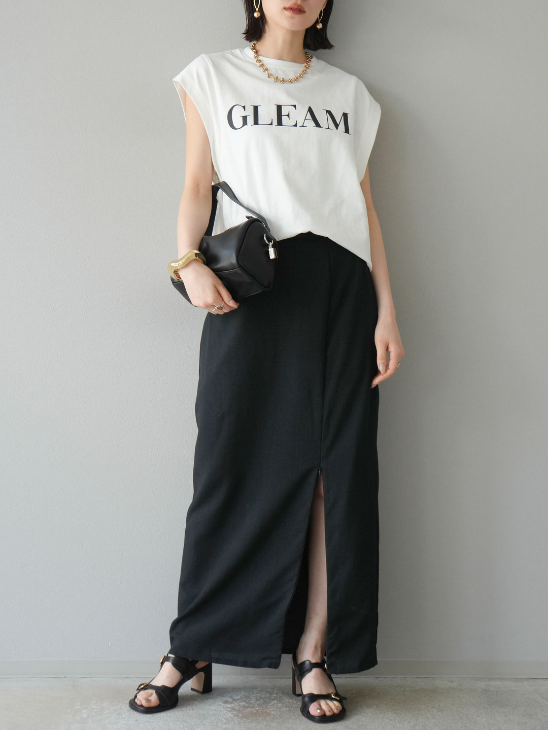 [予約]リネンライクZIPスリットタイトスカート/ブラック