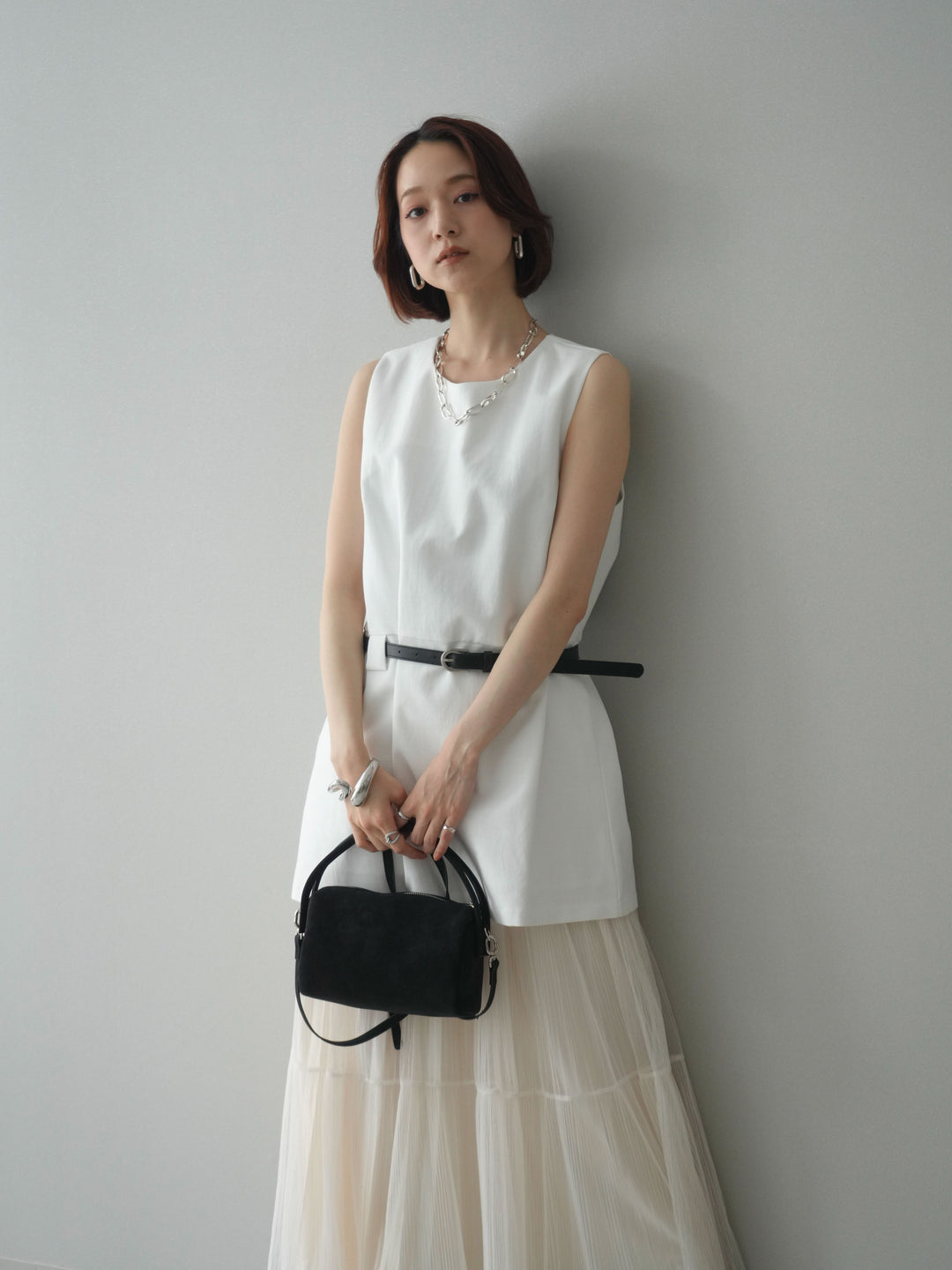 [予約]ベルト付リネンライクノースリチュニック/white