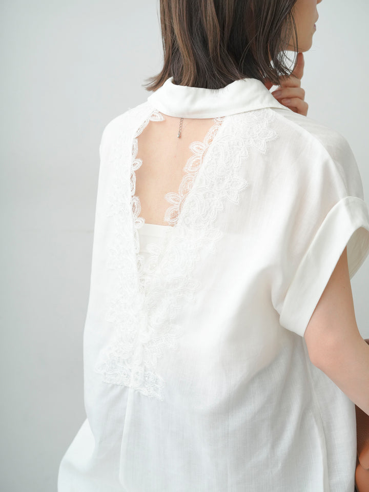 [SET]バックレースフレンチシャツ+クレープデシンタックワイドパンツ(2set)