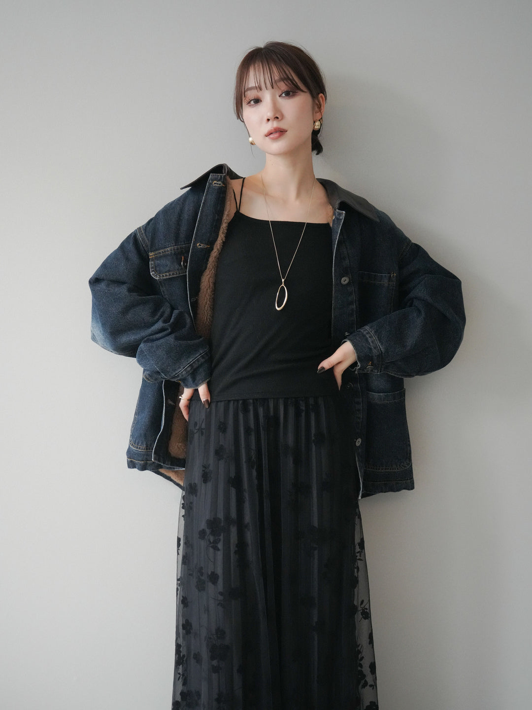 [SET]裏地ファーデニムフライトジャケット+フラワーフロッキーチュールプリーツスカート(2set)