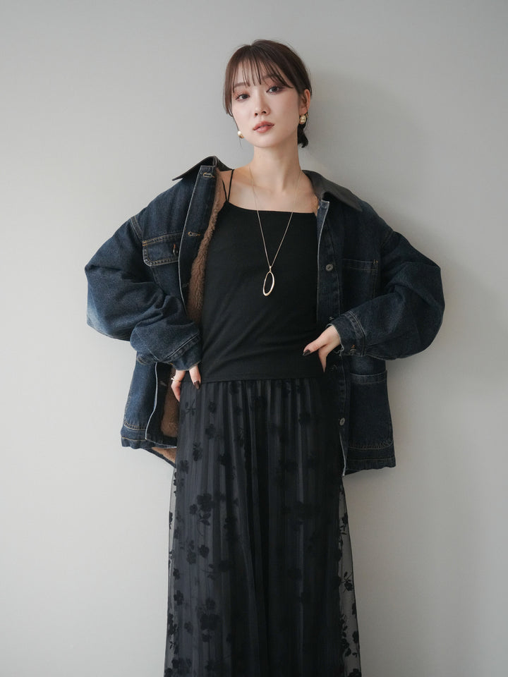 [SET]裏地ファーデニムフライトジャケット+フラワーフロッキーチュールプリーツスカート(2set)