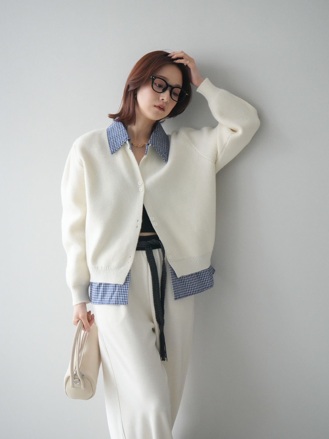 [SET]チェックシャツ襟ニットカーディガン+編み込みベルト付きウエスト配色スエットパンツ(2set)