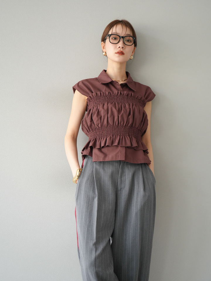 [予約]ブロードシャーリングビスチェ＆ノースリブラウスSET /ブラウン