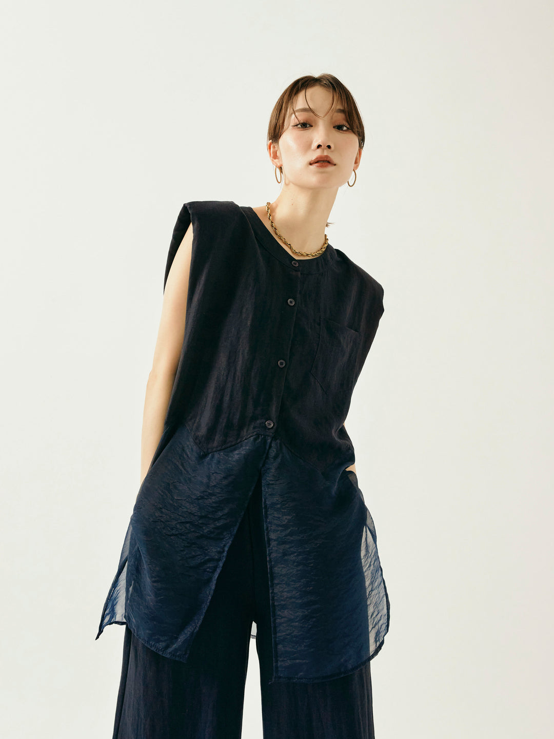 [SET]オーガンジーヘムブラウス＆ワイドパンツSET UP(2set)