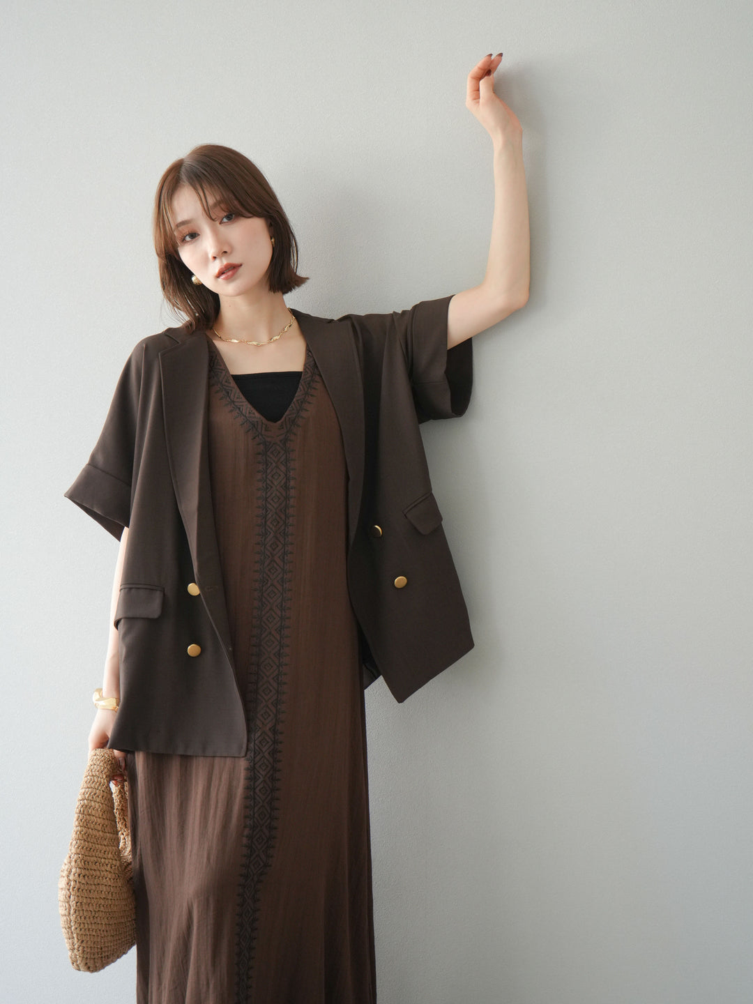 [予約]ゴールドボタンハーフジャケット/ブラウン