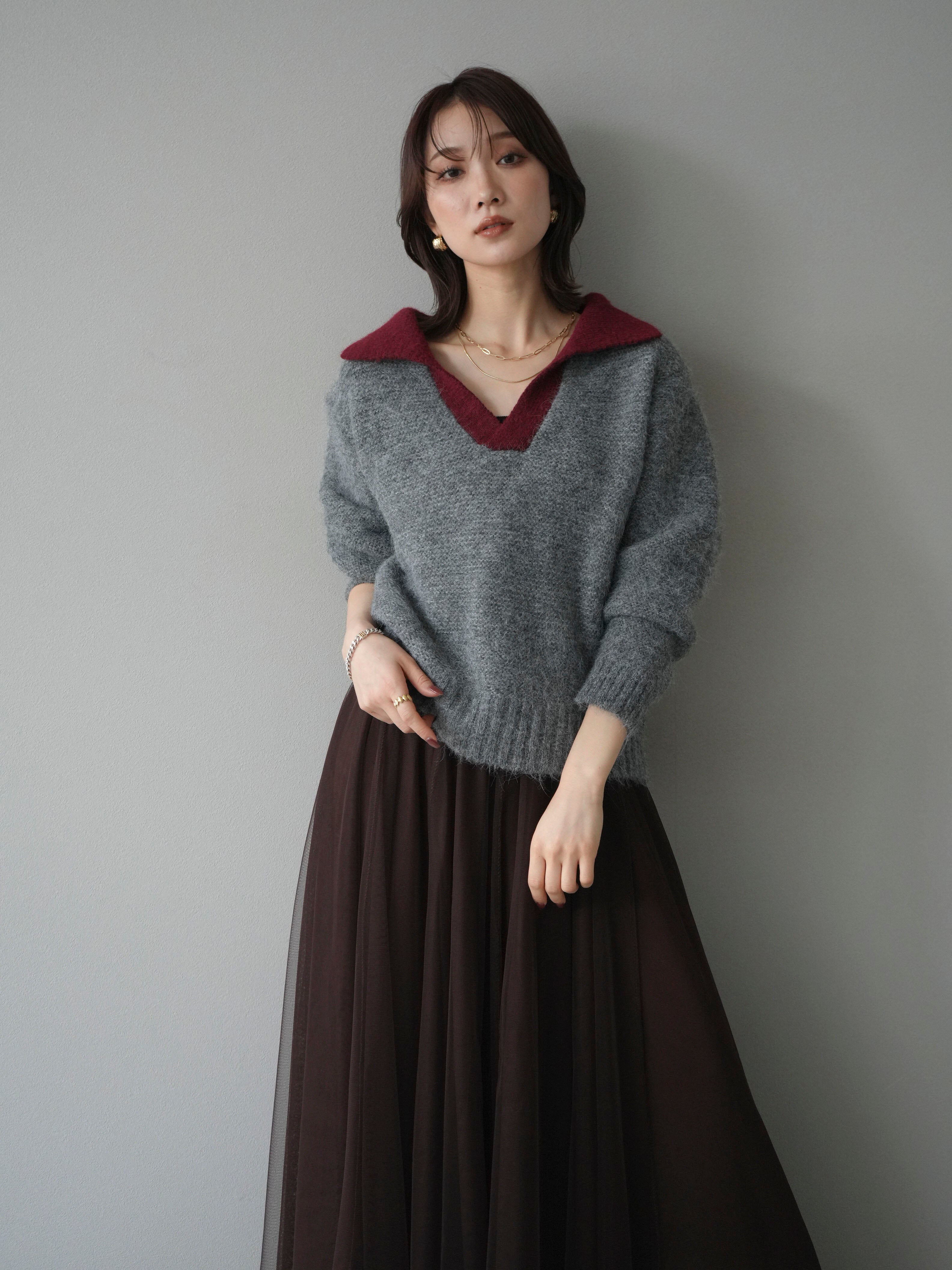 予約]バイカラー襟付きニットプルオーバー/gray – Lumier