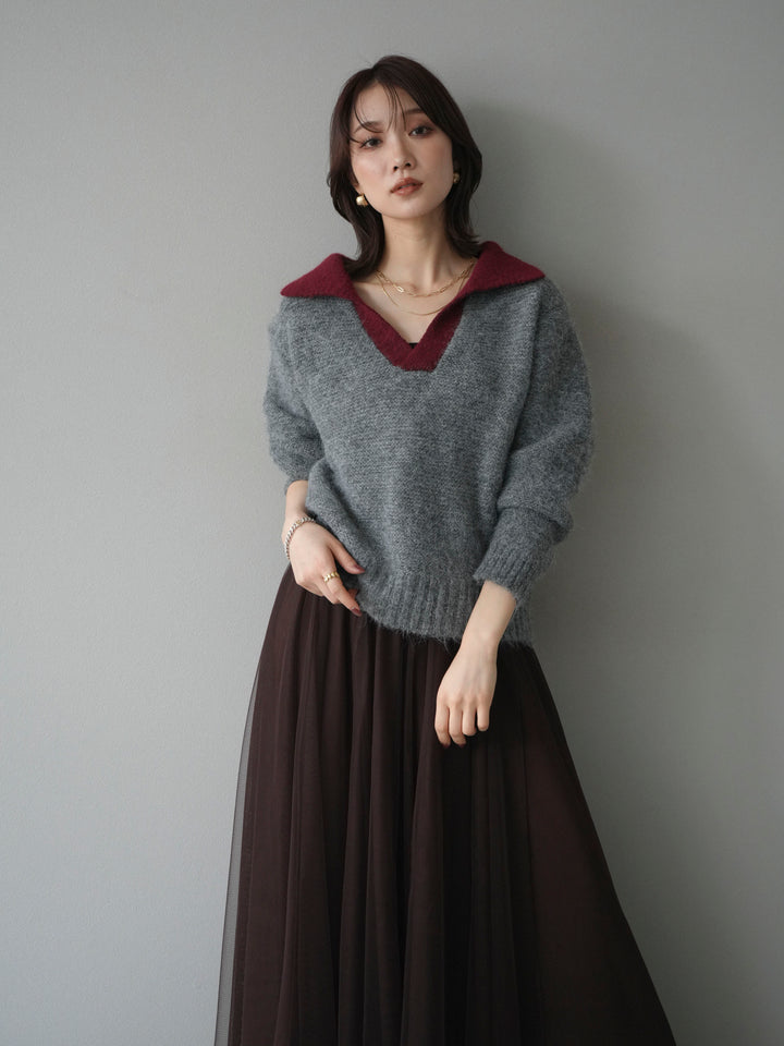 [予約]バイカラー襟付きニットプルオーバー/gray