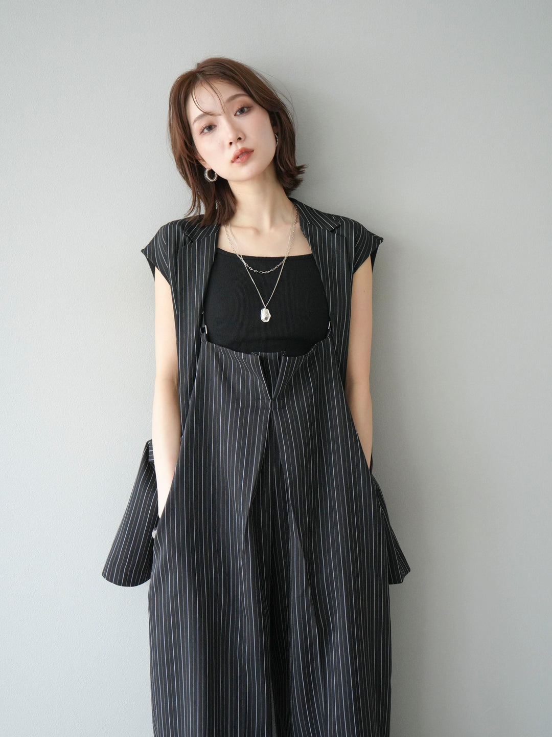 【着回しセット】[SET]ヘリンボーンストライプジレ+シアー切替ベロアトップス+ヘリンボーンストライプサロペット(3set)