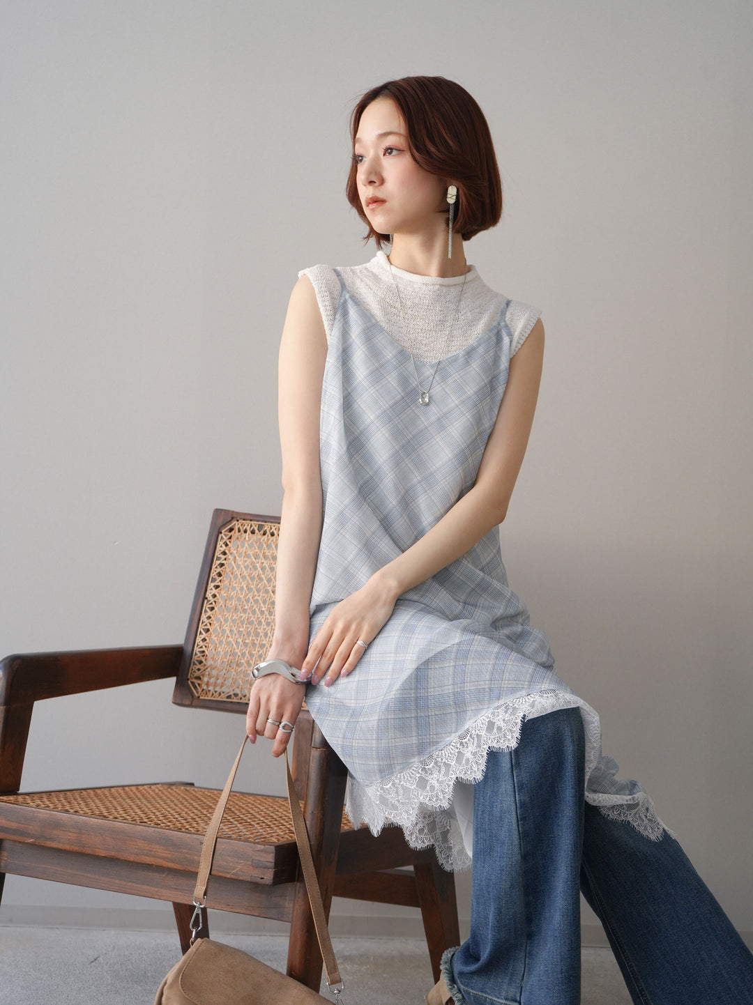 【套裝】無袖亞麻質感薄紗針織套頭衫+流蘇半喇叭牛仔褲（兩件套）