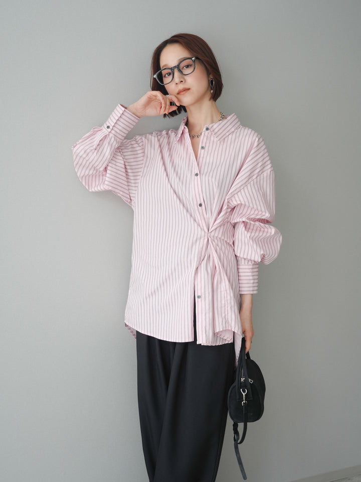 [SET]2wayルーズストライプシャツ+ベルト付キーホルダーモチーフワイドパンツ(2set)