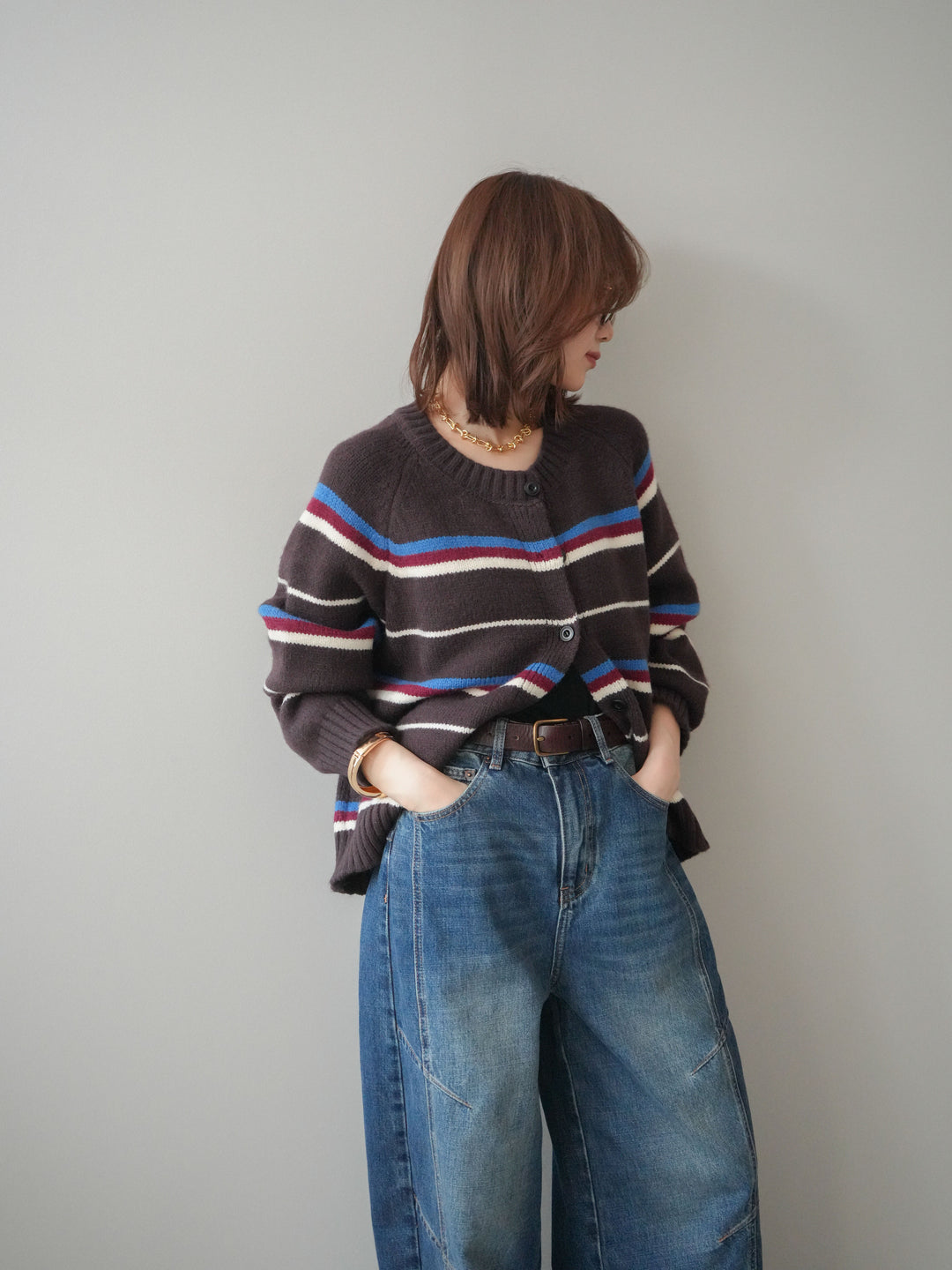 [SET]ランダムボーダーニットカーディガン+デザインステッチカーブデニムパンツ(2set)