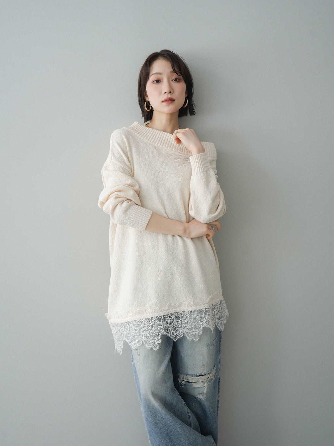 [SET]アシンメトリーレースヘムニットプルオーバー+ダメージデニムセミワイドパンツ(2set)