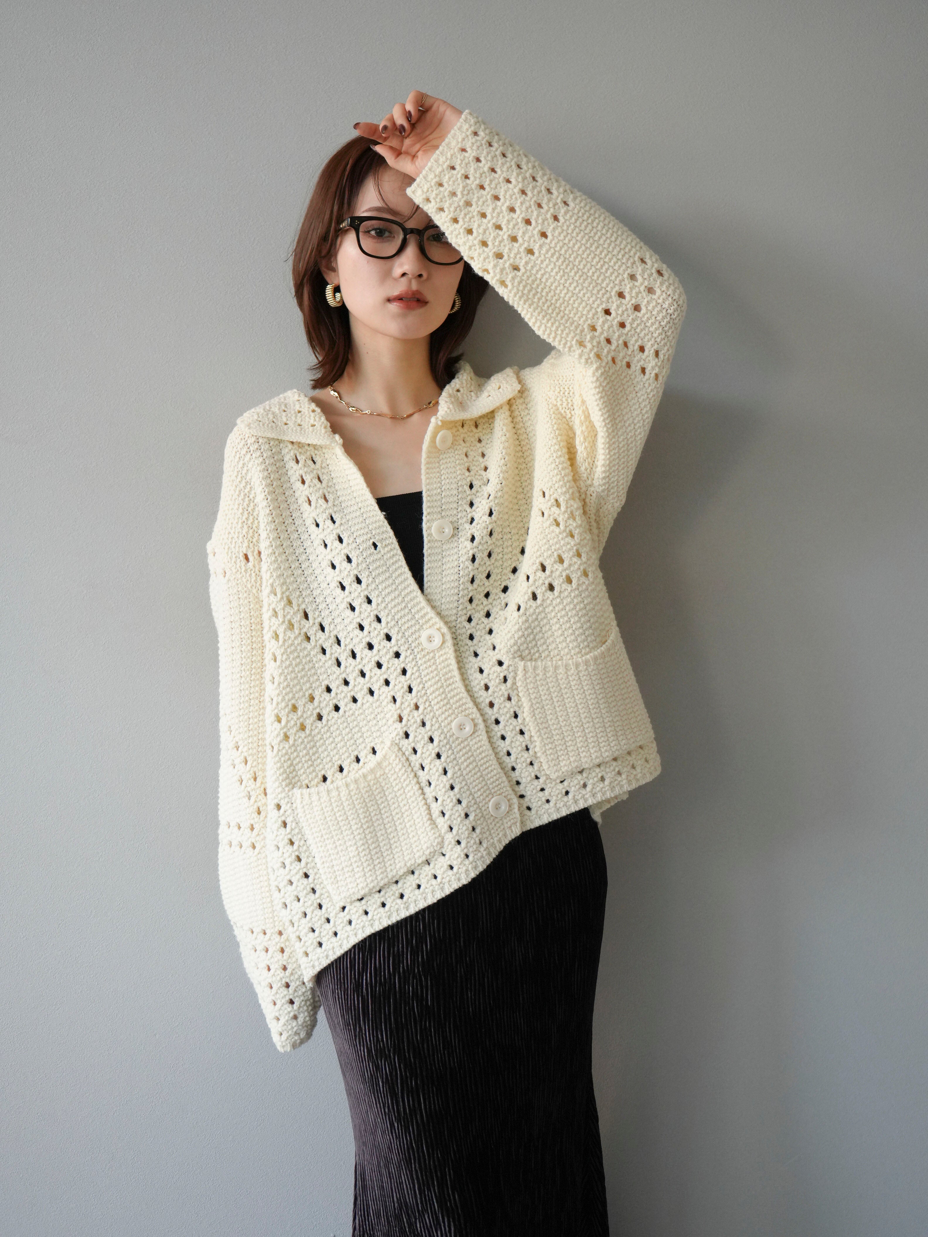 予約]丸襟透かし編みニットカーディガン/オフ – Lumier