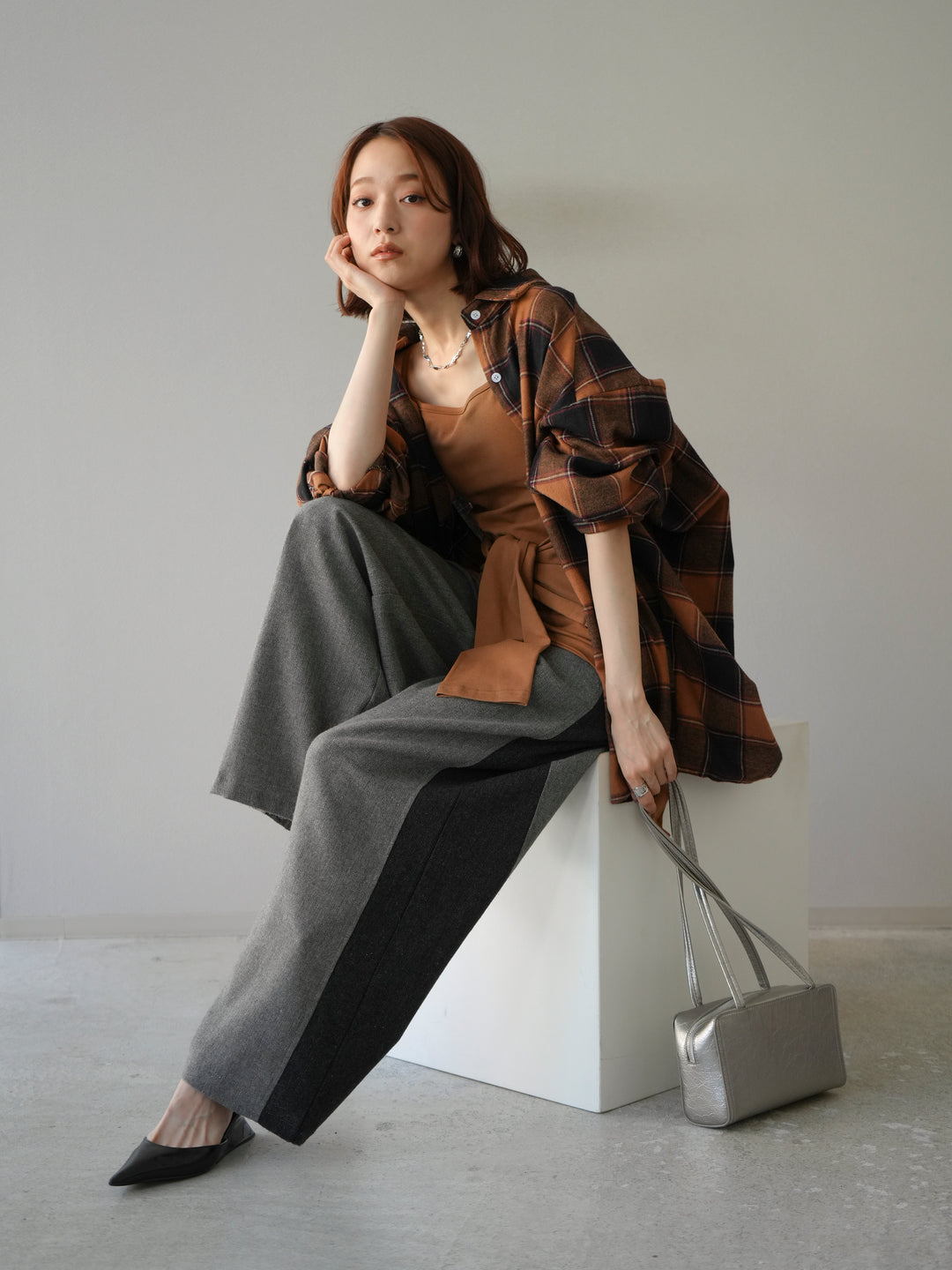 [予約]カップ付キャミ付チェックシャツチュニック/ブラウン