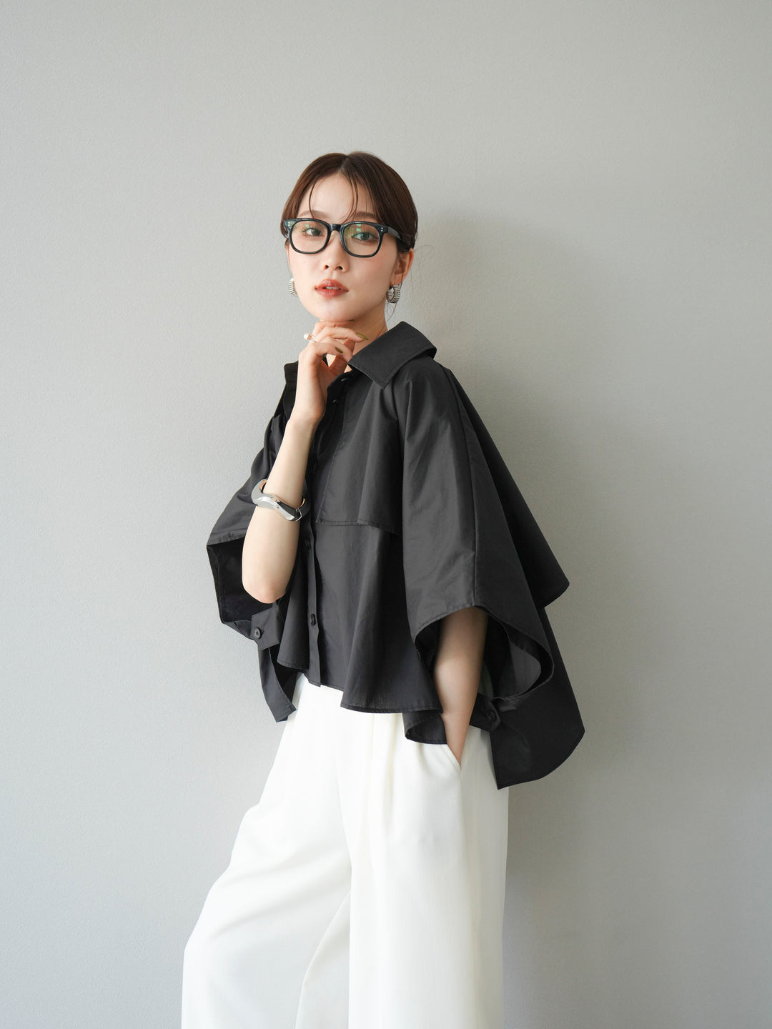 [SET]ポンチョショートシャツ+リネンライクイージーワイドパンツ(2set)