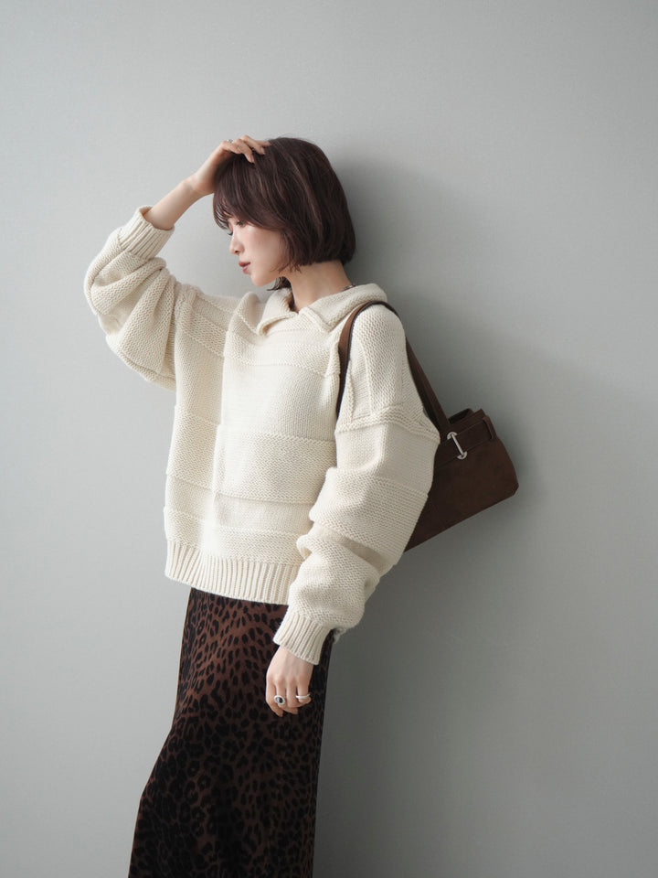 [SET]襟付きボーダー編みニットプルオーバー+選べるアクセセット(2set)