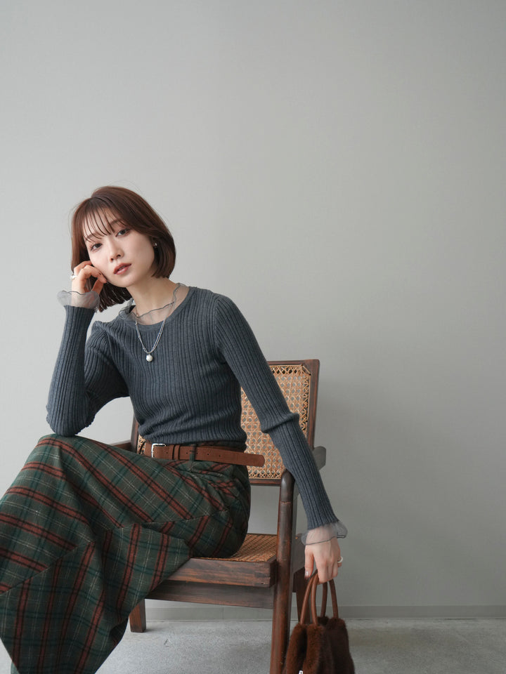[SET]チュールドッキングリブニットトップス+ベルト付チェック柄ナロースカート(2set)