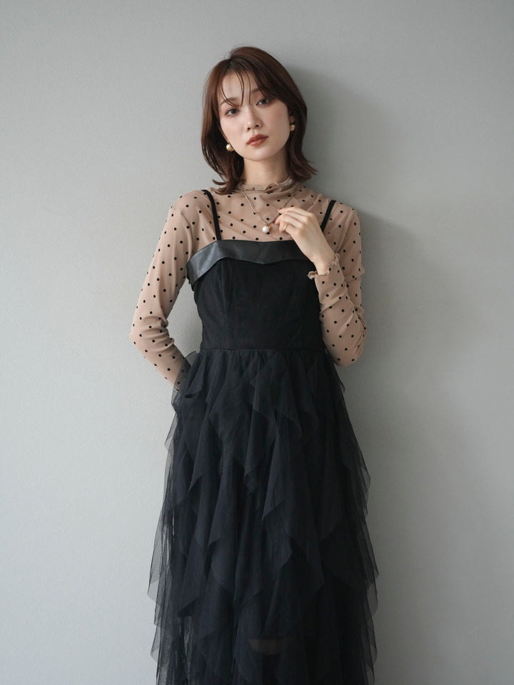 [予約]レザー切替チュールラッフルワンピース/black