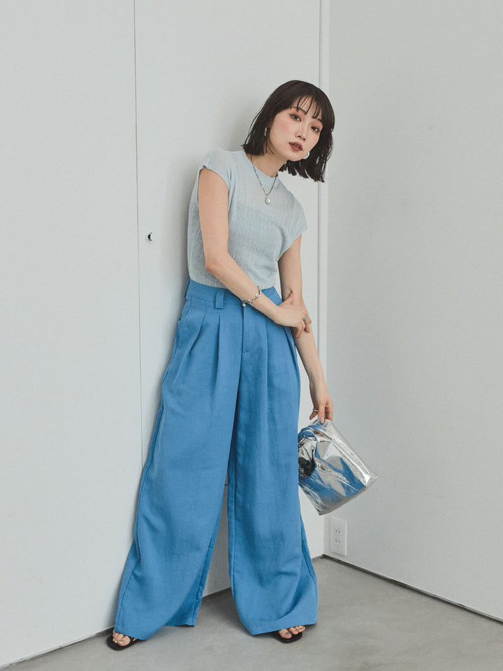 [SET] 法式袖透視針織上衣 + 亞麻觸感褶皺寬褲 (2set)